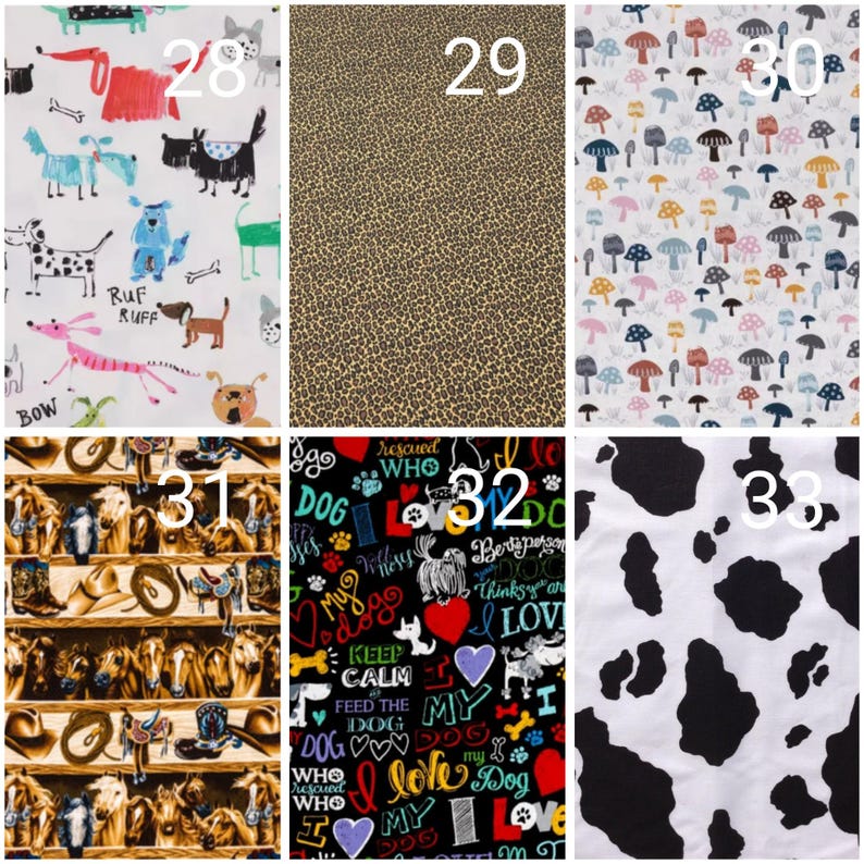 May include: A collage of ten different fabric swatches, each with a unique pattern. The swatches are numbered 28 through 33. The patterns include dogs, leopard print, mushrooms, horses, and cow print.