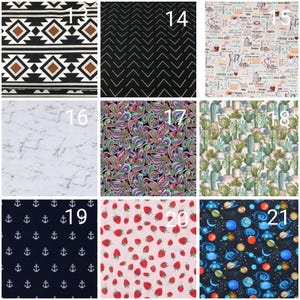 May include: A collage of nine fabric swatches with different patterns. The swatches are numbered 1, 14, 15, 16, 17, 18, 19, 20, and 21. The patterns include geometric, floral, cactus, anchor, strawberry, and galaxy.