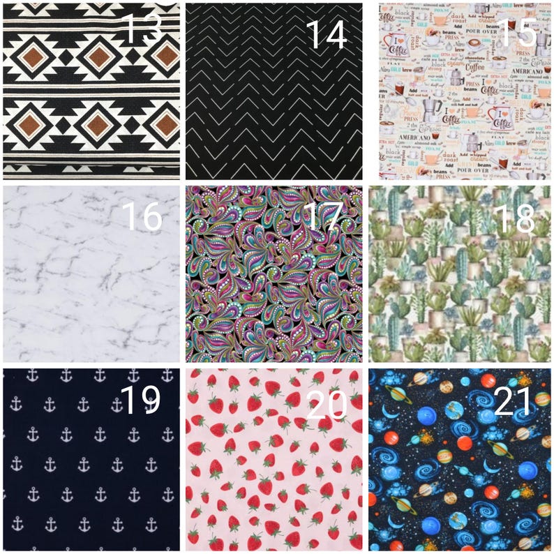 May include: A collage of nine fabric swatches with different patterns. The swatches are numbered 1, 14, 15, 16, 17, 18, 19, 20, and 21. The patterns include geometric, floral, cactus, anchor, strawberry, and galaxy.