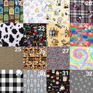May include: A collage of 32 different fabric swatches, each with a unique pattern. The swatches include patterns such as plaid, polka dots, stripes, and animal prints. The swatches are numbered 1 through 32.