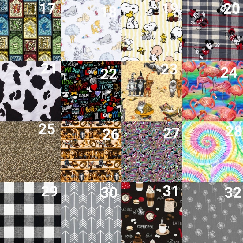 May include: A collage of 32 different fabric swatches, each with a unique pattern. The swatches include patterns such as plaid, polka dots, stripes, and animal prints. The swatches are numbered 1 through 32.