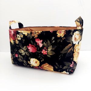 Cottage rose fabric basket, Floral storage organizer bin container, Book caddy