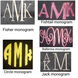May include: A comparison of different monogram styles: Fisher, Fishtail, Ballerina, Circle, and Jack. Each style is shown in a different color and font.