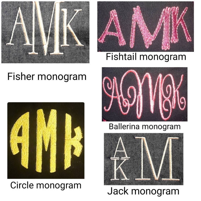 May include: A comparison of different monogram styles: Fisher, Fishtail, Ballerina, Circle, and Jack. Each style is shown in a different color and font.