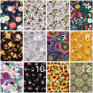 May include: Twelve different fabric swatches with floral, geometric, and abstract patterns. The swatches are numbered 1 through 12.