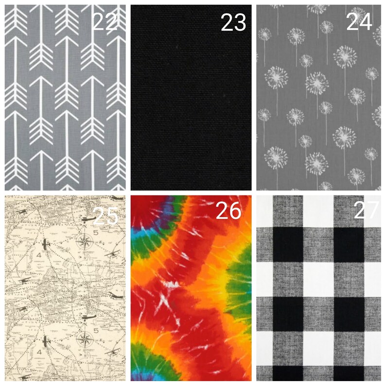 May include: A collage of fabric swatches with different patterns. The swatches are numbered 22, 23, 24, 25, 26, and 27. The patterns include arrows, solid black, dandelions, a map, tie-dye, and black and white gingham.