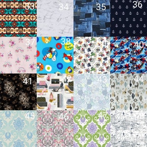 May include: A collage of 12 different fabric patterns, each with a unique design. The patterns include a geometric pattern, a marble pattern, a denim pattern, an anchor pattern, a floral pattern, a cartoon pattern, a superhero pattern, a cactus pattern, a fashion pattern, a paisley pattern, and a map pattern.