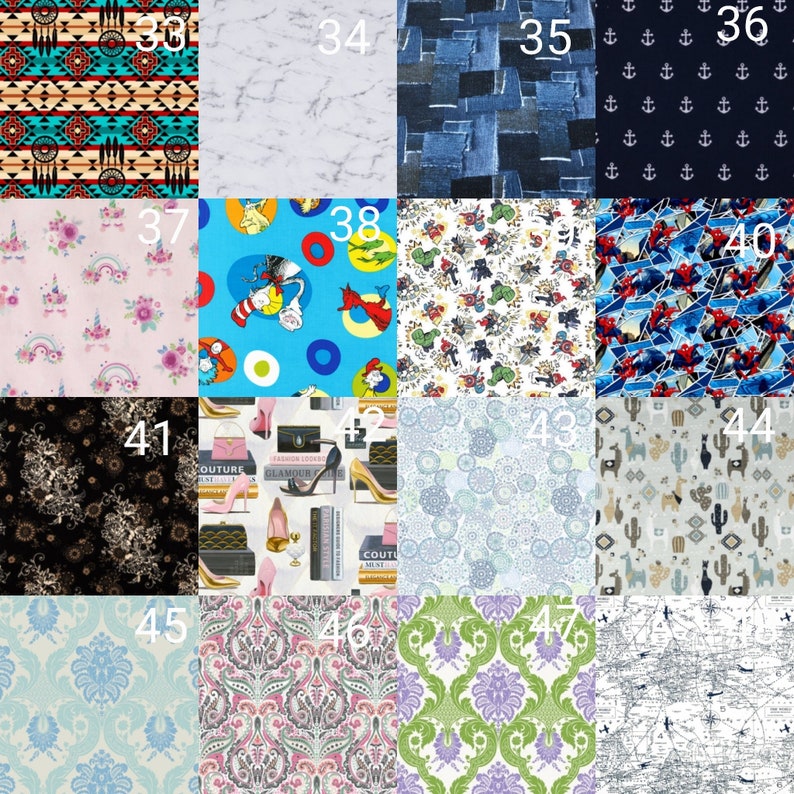 May include: A collage of 12 different fabric patterns, each with a unique design. The patterns include a geometric pattern, a marble pattern, a denim pattern, an anchor pattern, a floral pattern, a cartoon pattern, a superhero pattern, a cactus pattern, a fashion pattern, a paisley pattern, and a map pattern.