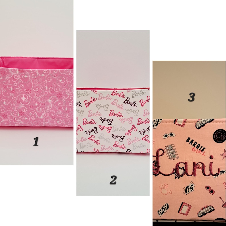 May include: Three pink fabric storage bins with different patterns. The first bin has a pink and white swirl pattern. The second bin has a white background with the word "Barbie" repeated in pink and black. The third bin has a pink background with a black and white pattern of sunglasses, a cassette tape, a car, and the words "Barbie Girl" and "Lani".
