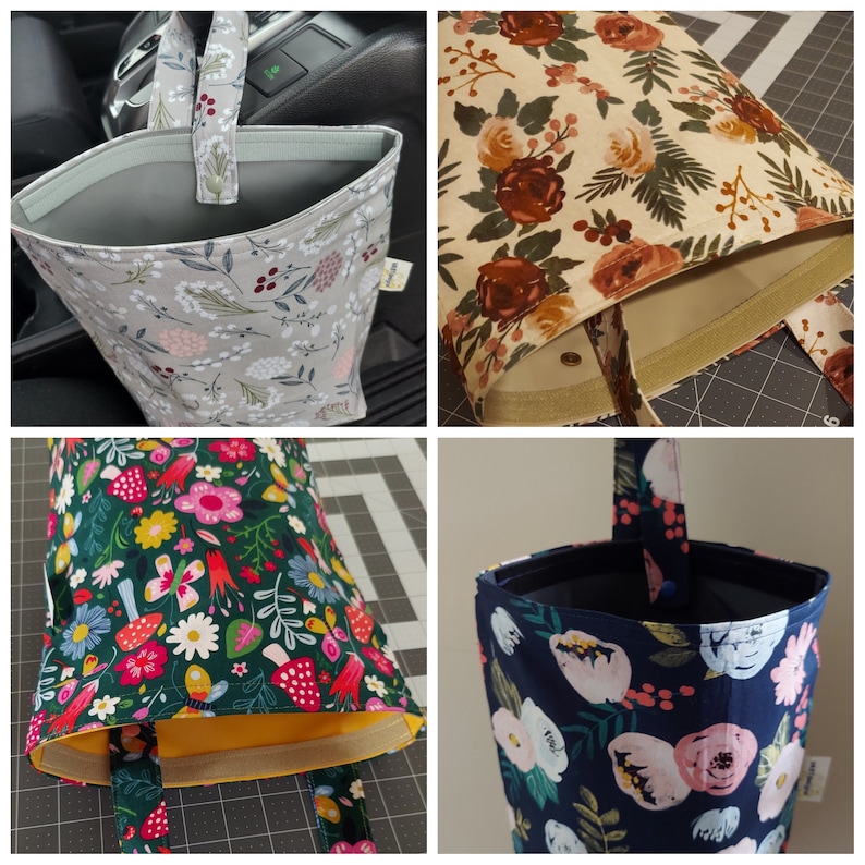May include: Four different tote bags with floral patterns. The bags are made of fabric and have a variety of colors and designs. The bags are all empty and ready to be filled with items.