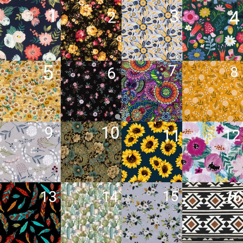 May include: A collage of 16 different fabric swatches with various floral, geometric, and abstract patterns. The swatches are numbered 1 through 16.