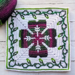 Puede incluir: Un cuadrado de crochet blanco con un borde verde que presenta un diseño de copo de nieve en tonos de rosa, verde y blanco.