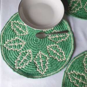 May include: Green crocheted placemats with a white design. The placemats are round and have a decorative border. A spoon is resting on one of the placemats.