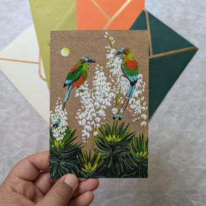 Cartão de felicitações do orgulho salvadorenho, arte de pássaros, Torogoz, Motmot, flores de Yucca