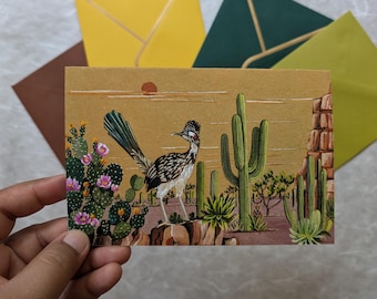 ¡Beep Beep! Tarjeta de felicitación, Arte de aves, Correcaminos, Coyote Wiley, Paisaje desértico