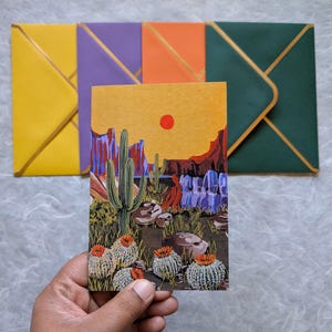Juego de tarjetas de felicitación con diseño de saguaro, desierto de Sonora, cactus barril, paisaje desértico, montañas desérticas, tarjetas con cactus de tuna