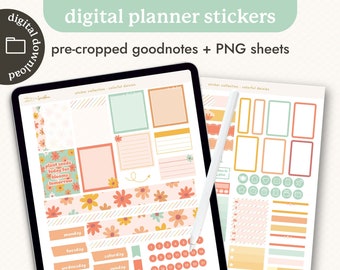 Digital Planner Stickers - Colorful Daisies - Pre-Cropped Goodnotes, Noteful, Transparent PNGs - Boho / Retro Digital Sticker Pack