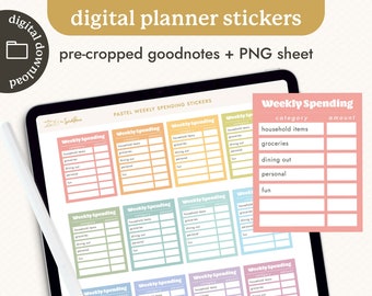 Finance Budget Digital Planner Stickers - Pastel Rainbow Weekly Spending - Pre-Croped Goodnotes, Transparent PNGs