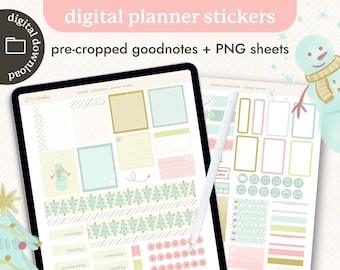 Pastel Winter Digital Planner Sticker Kit - Pre-Cropped Goodnotes, Transparent PNGs - Pink Watercolor Christmas Digital Stickers