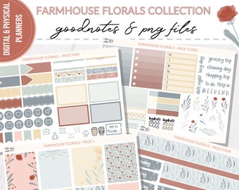 Weekly Digital Sticker Kit - Farmhouse Florals for Bullet Journal and Digital Planner - Glitter, Vertical Full Boxes, Goodnotes Notability