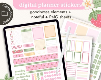 Digital Planner Stickers - Strawberry Picnic, Pre-Cropped Goodnotes Elements, Noteful, Transparent PNGs, April Digital Sticker Kit, Monthly