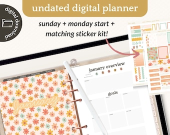 Landscape Undated Digital Planner - Colorful Daisies + Rose Gold Rings-Sunday Monday Start Hyperlinked PDF - Goodnotes, Noteshelf, Noteful