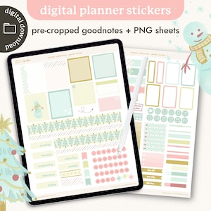 Pastel Winter Digital Planner Sticker Kit Pre-Cropped Goodnotes, Transparent PNGs Pink Watercolor Christmas Digital Stickers image 1