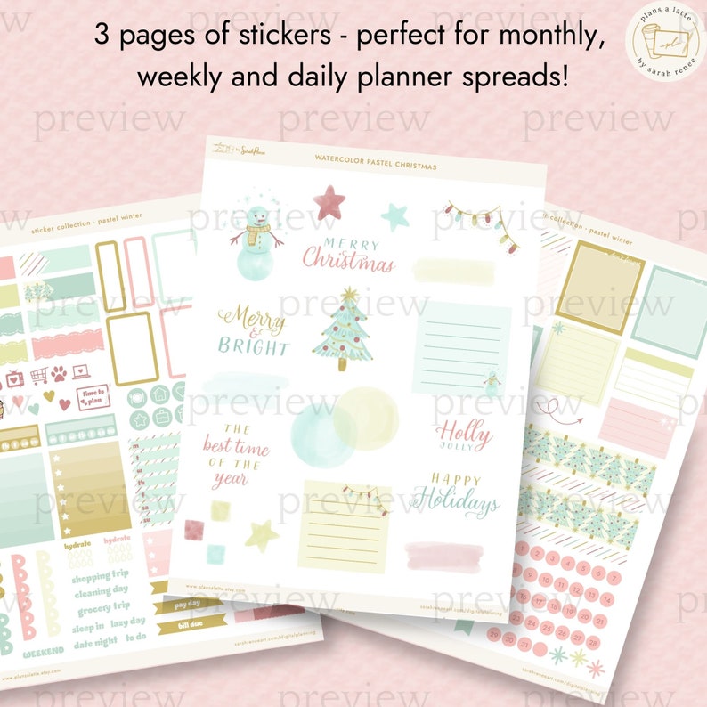 Pastel Winter Digital Planner Sticker Kit Pre-Cropped Goodnotes, Transparent PNGs Pink Watercolor Christmas Digital Stickers image 2