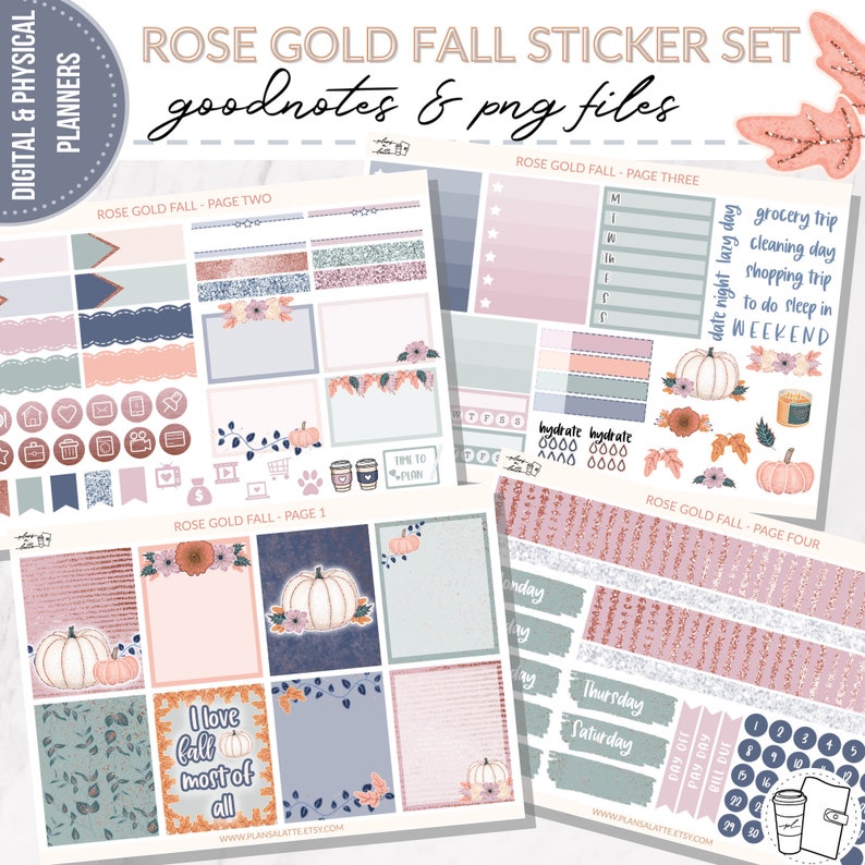 Digital Fall Weekly Sticker Kit for Bullet Journal Planner Watercolor Autumn Pumpkins Flowers Hand drawn, Goodnotes Notability PNGs iPad image 1