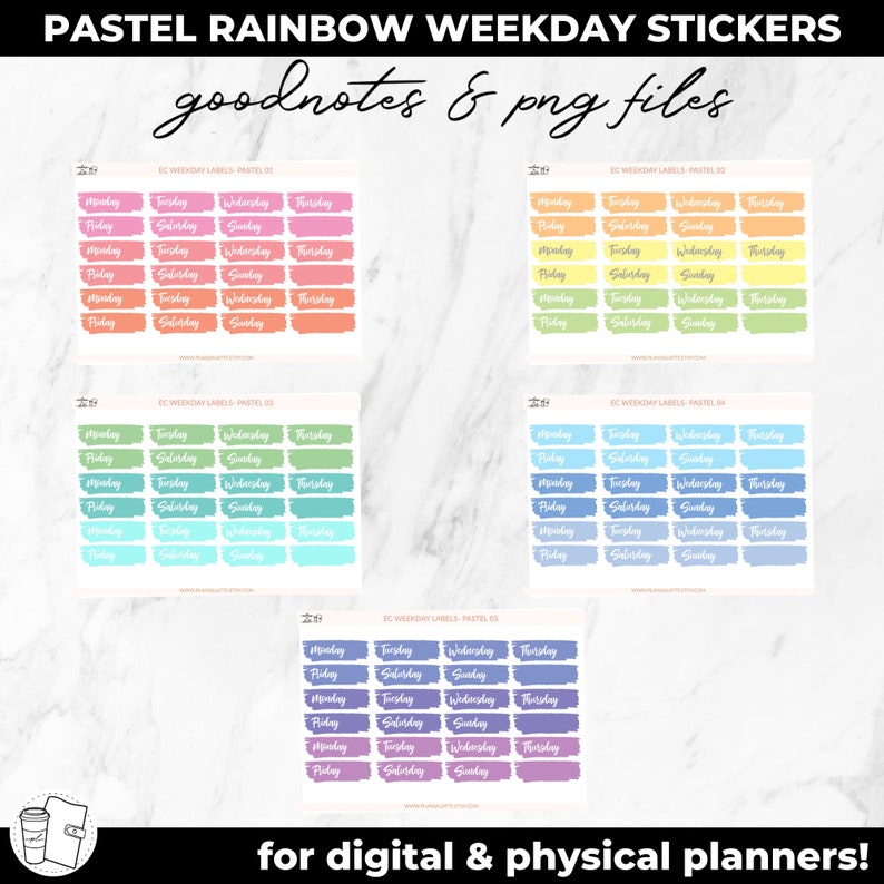 Digital Planner Stickers Pastel Rainbow Weekday Labels Goodnotes and Printable Files, Transparent PNGs Goodnotes, A5 planners image 2