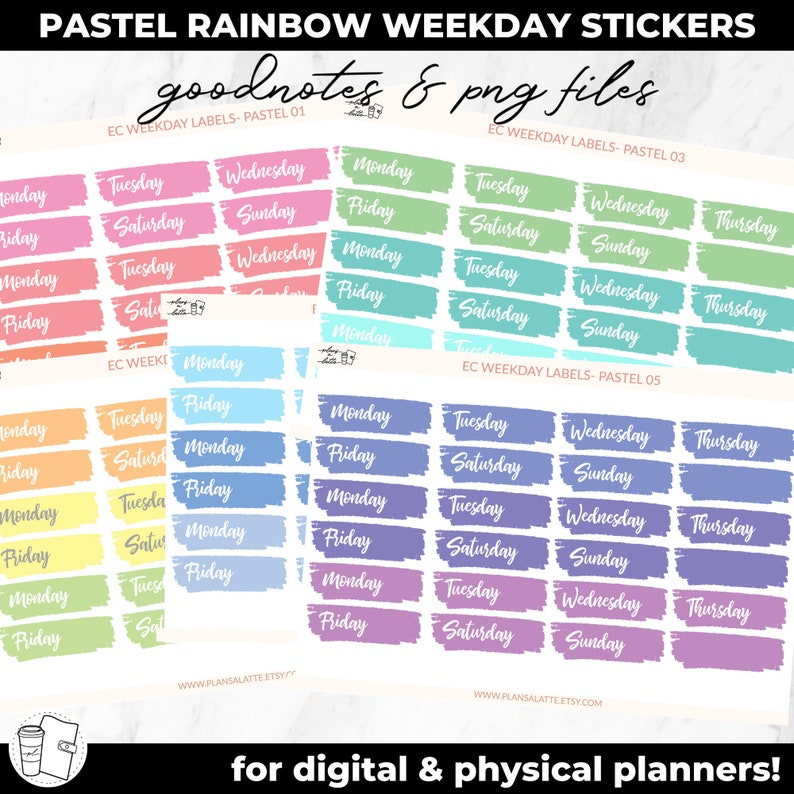 Digital Planner Stickers Pastel Rainbow Weekday Labels Goodnotes and Printable Files, Transparent PNGs Goodnotes, A5 planners image 1