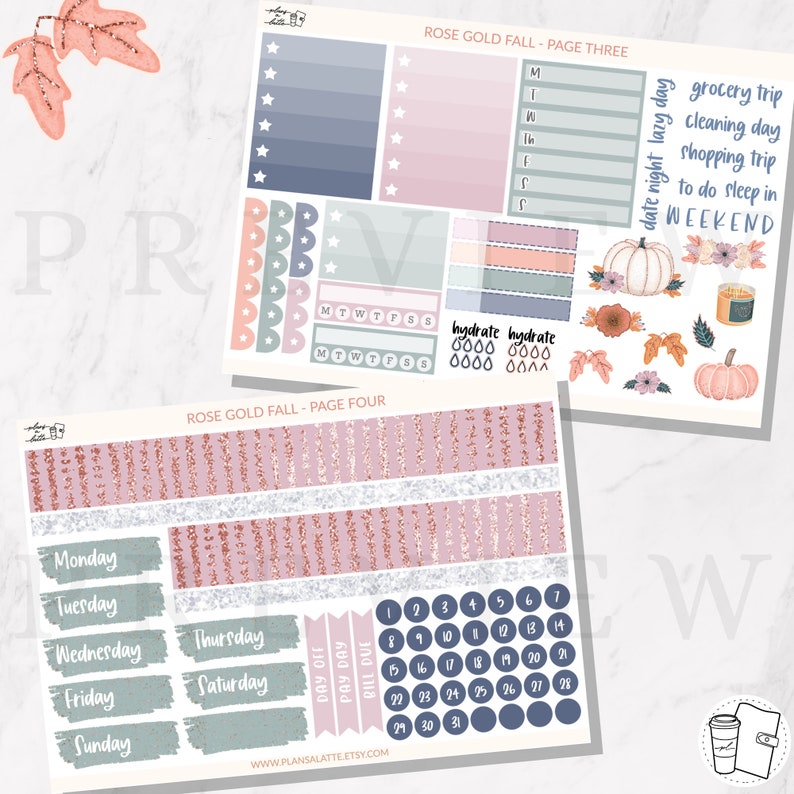 Digital Fall Weekly Sticker Kit for Bullet Journal Planner Watercolor Autumn Pumpkins Flowers Hand drawn, Goodnotes Notability PNGs iPad image 3