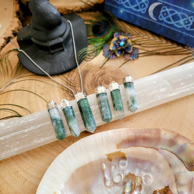 Green moss agate point pencil pendant necklace gift for him or her crystal healing jewellery for men or women witchy gemstone jewelry image 8