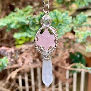 Rose Quartz Merkaba Star and Clear Quartz Point Pendulum - Self Love, Inner Peace, Purity