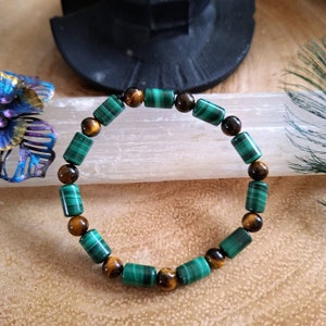 Malachite and Tiger&#39;s Eye Bracelet – Natural Crystal Healing Jewellery, Protection & Grounding, Witchy Gift for Her