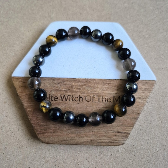 Bracciale In Ossidiana Nera Naturale E Tormalina Nera – Perle 8mm, Con Elastico, Portafortuna Per Chakra E Protezione