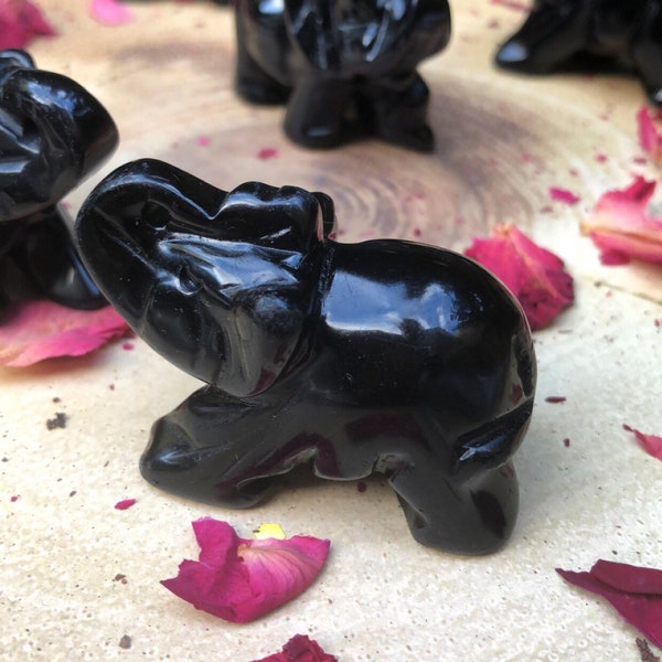 Black Obsidian Elephant crystal healing natural stone home decor - Protection, Meditation, Clarity, Compassion, Strength