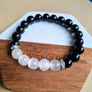 Black Tourmaline and Selenite Bracelet – Root Chakra Crystal Healing Jewellery – Grounding Protection Gift for Him or Her