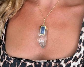 Clear Quartz and Kyanite Pendant: Raw Crystal Necklace Jewellery