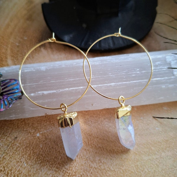 Angel Aura Quartz hoop earrings Witchy gift for her crystal healing jewellery for women