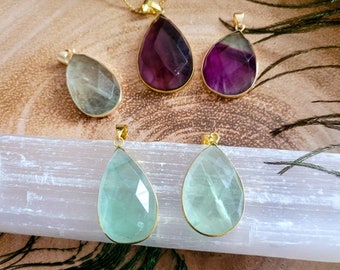 Rainbow fluorite necklace Faceted pendant crystal healing natural stone teardrop gift for him or her