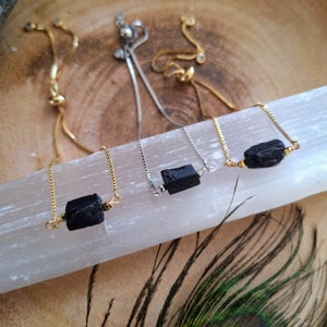 Raw Black Tourmaline Bracelet: Adjustable Gold or Silver Chain