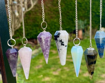 Natural stone point pendulum amethyst rose quartz Opalite moonstone black tourmaline healing crystal dowsing pendulum divination tool