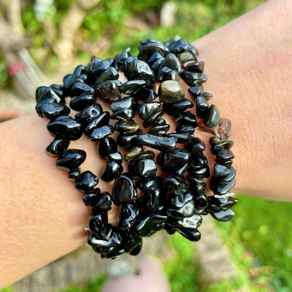 Bracelet à puces en obsidienne noire, bijoux en pierre naturelle de guérison en cristal