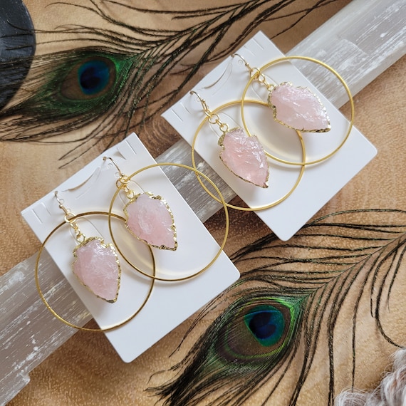 Rose Quartz Raw Arrow Head Large Hoop 2 Inch Earrings Self Love