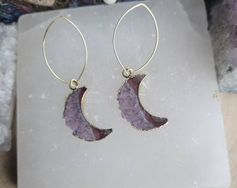 Amethyst Quarter Moon earrings dangle crystal natural Stone Crystal, Gift, Third Eye Chakra, Aquarius