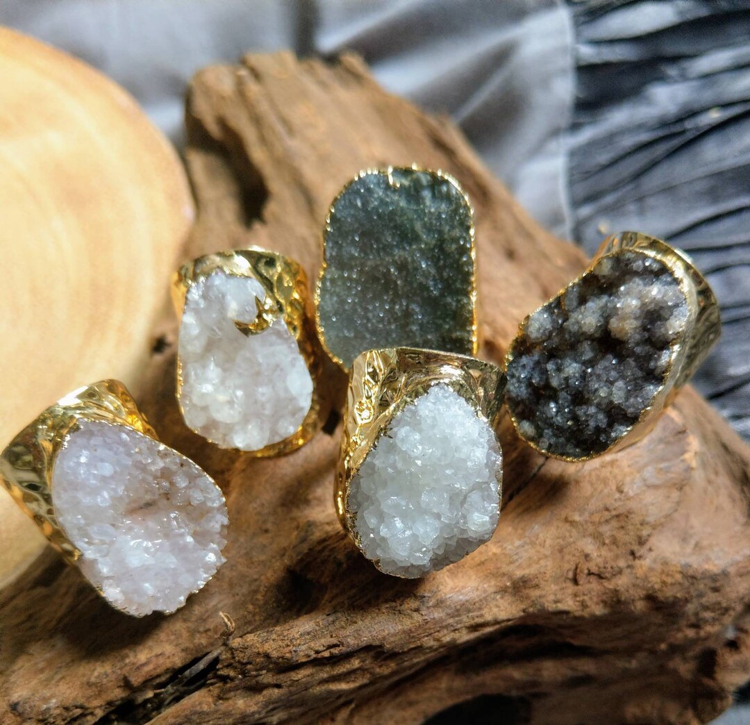 Druzy Quartz Ring Cuff Crystal Healing Raw Stone Size 8 or P 1/2 Etsy