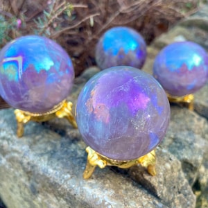 Amethyst Aura Sphere Crystal Ball Home Decor Stone Ornament With Stand