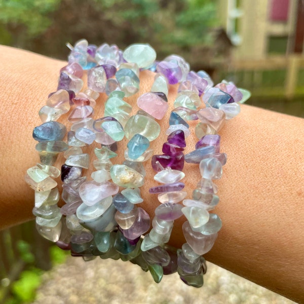 Pulsera con chip de fluorita arcoíris, joyería de piedra natural curativa con cristal