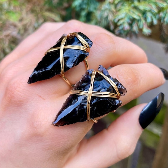 Black Obsidian Adjustable Ring Wire Wrapped Raw Arrow Protection